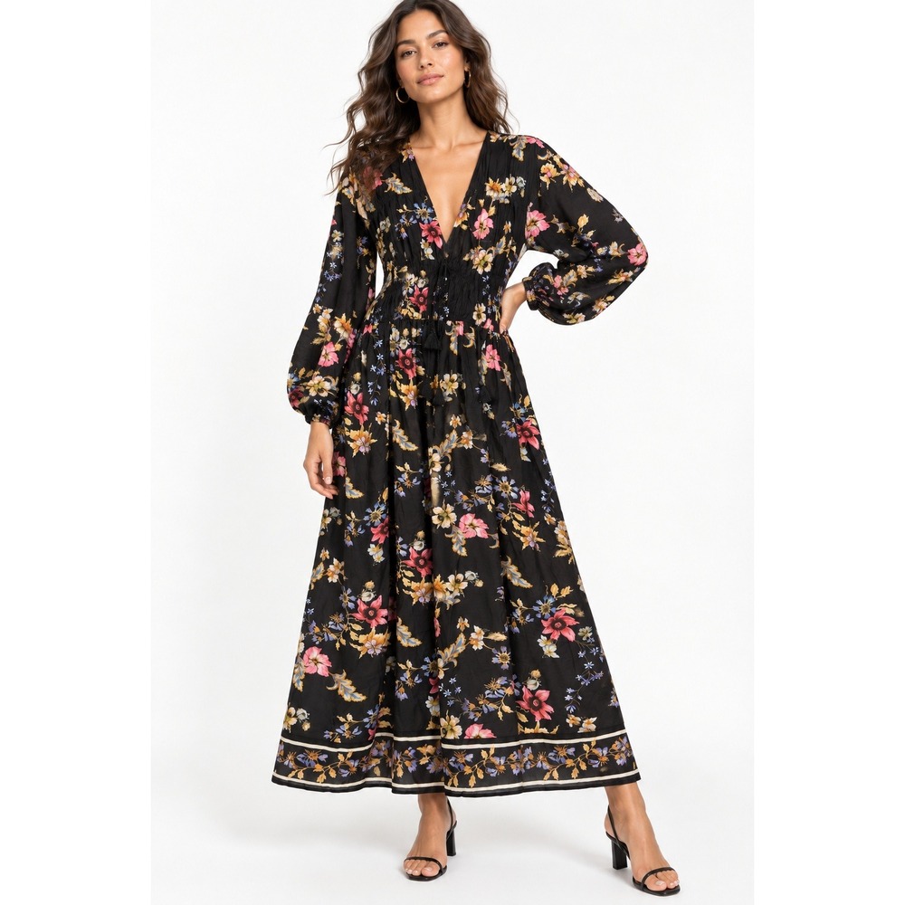 H&M Floral Maxi Dress XL Black Boho Tassel V-Neck Smocked Waist Long Sleeve NEW